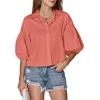 imageLYANER Womens Collar V Neck Button Down Lantern Short Sleeve Blouse Crop Top ShirtCoral Red