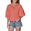 imageLYANER Womens Collar V Neck Button Down Lantern Short Sleeve Blouse Crop Top ShirtCoral Red