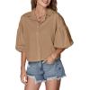 imageLYANER Womens Collar V Neck Button Down Lantern Short Sleeve Blouse Crop Top ShirtKhaki