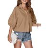 imageLYANER Womens Collar V Neck Button Down Lantern Short Sleeve Blouse Crop Top ShirtKhaki