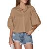 imageLYANER Womens Collar V Neck Button Down Lantern Short Sleeve Blouse Crop Top ShirtKhaki