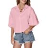 imageLYANER Womens Collar V Neck Button Down Lantern Short Sleeve Blouse Crop Top ShirtLight Pink