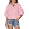 imageLYANER Womens Collar V Neck Button Down Lantern Short Sleeve Blouse Crop Top ShirtLight Pink