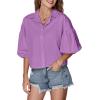 imageLYANER Womens Collar V Neck Button Down Lantern Short Sleeve Blouse Crop Top ShirtLight Purple