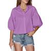 imageLYANER Womens Collar V Neck Button Down Lantern Short Sleeve Blouse Crop Top ShirtLight Purple