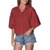 imageLYANER Womens Collar V Neck Button Down Lantern Short Sleeve Blouse Crop Top ShirtLight Wine Red