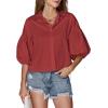 imageLYANER Womens Collar V Neck Button Down Lantern Short Sleeve Blouse Crop Top ShirtLight Wine Red