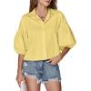 imageLYANER Womens Collar V Neck Button Down Lantern Short Sleeve Blouse Crop Top ShirtLight Yellow