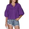 imageLYANER Womens Collar V Neck Button Down Lantern Short Sleeve Blouse Crop Top ShirtPurple