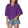 imageLYANER Womens Collar V Neck Button Down Lantern Short Sleeve Blouse Crop Top ShirtPurple