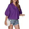 imageLYANER Womens Collar V Neck Button Down Lantern Short Sleeve Blouse Crop Top ShirtPurple