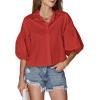 imageLYANER Womens Collar V Neck Button Down Lantern Short Sleeve Blouse Crop Top ShirtRed
