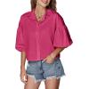 imageLYANER Womens Collar V Neck Button Down Lantern Short Sleeve Blouse Crop Top ShirtRose