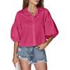 imageLYANER Womens Collar V Neck Button Down Lantern Short Sleeve Blouse Crop Top ShirtRose