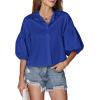 imageLYANER Womens Collar V Neck Button Down Lantern Short Sleeve Blouse Crop Top ShirtRoyal Blue
