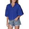 imageLYANER Womens Collar V Neck Button Down Lantern Short Sleeve Blouse Crop Top ShirtRoyal Blue