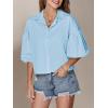 imageLYANER Womens Collar V Neck Button Down Lantern Short Sleeve Blouse Crop Top ShirtSky Blue