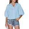 imageLYANER Womens Collar V Neck Button Down Lantern Short Sleeve Blouse Crop Top ShirtSky Blue