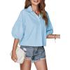 imageLYANER Womens Collar V Neck Button Down Lantern Short Sleeve Blouse Crop Top ShirtSky Blue