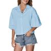 imageLYANER Womens Collar V Neck Button Down Lantern Short Sleeve Blouse Crop Top ShirtSky Blue