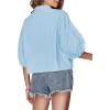 imageLYANER Womens Collar V Neck Button Down Lantern Short Sleeve Blouse Crop Top ShirtSky Blue
