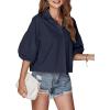 imageLYANER Womens Collar V Neck Button Down Lantern Short Sleeve Blouse Crop Top ShirtSolid Navy Blue