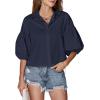 imageLYANER Womens Collar V Neck Button Down Lantern Short Sleeve Blouse Crop Top ShirtSolid Navy Blue