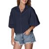 imageLYANER Womens Collar V Neck Button Down Lantern Short Sleeve Blouse Crop Top ShirtSolid Navy Blue