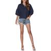 imageLYANER Womens Collar V Neck Button Down Lantern Short Sleeve Blouse Crop Top ShirtSolid Navy Blue