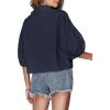 imageLYANER Womens Collar V Neck Button Down Lantern Short Sleeve Blouse Crop Top ShirtSolid Navy Blue