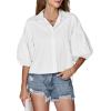 imageLYANER Womens Collar V Neck Button Down Lantern Short Sleeve Blouse Crop Top ShirtWhite