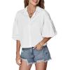 imageLYANER Womens Collar V Neck Button Down Lantern Short Sleeve Blouse Crop Top ShirtWhite