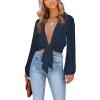 imageLYANER Womens Deep V Neck Tie Front Knot Long Sleeve Sexy Wrap Crop Top Blouse Navy Blue Large