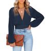 imageLYANER Womens Deep V Neck Tie Front Knot Long Sleeve Sexy Wrap Crop Top Blouse Navy Blue Large