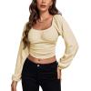 imageLYANER Womens Off Shoulder Ruched Lantern Sleeve Sexy Crop Top Tube BlouseBeige