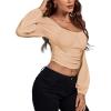 imageLYANER Womens Off Shoulder Ruched Lantern Sleeve Sexy Crop Top Tube BlouseLight Khaki