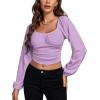 imageLYANER Womens Off Shoulder Ruched Lantern Sleeve Sexy Crop Top Tube BlouseLight Purple