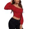 imageLYANER Womens Off Shoulder Ruched Lantern Sleeve Sexy Crop Top Tube BlouseRed