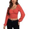 imageLYANER Womens Off Shoulder Ruched Lantern Sleeve Sexy Crop Top Tube BlouseWatermelon Red