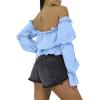 imageLYANER Womens Off Shoulder Ruffle Trim Puff Long Sleeve Tube Crop Blouse Shirt TopBaby Blue