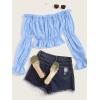 imageLYANER Womens Off Shoulder Ruffle Trim Puff Long Sleeve Tube Crop Blouse Shirt TopBaby Blue