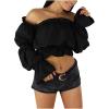 imageLYANER Womens Off Shoulder Ruffle Trim Puff Long Sleeve Tube Crop Blouse Shirt TopBlack