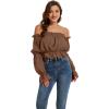 imageLYANER Womens Off Shoulder Ruffle Trim Puff Long Sleeve Tube Crop Blouse Shirt TopBrown