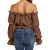 imageLYANER Womens Off Shoulder Ruffle Trim Puff Long Sleeve Tube Crop Blouse Shirt TopBrown