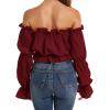 imageLYANER Womens Off Shoulder Ruffle Trim Puff Long Sleeve Tube Crop Blouse Shirt TopBurgundy