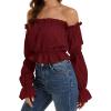 imageLYANER Womens Off Shoulder Ruffle Trim Puff Long Sleeve Tube Crop Blouse Shirt TopBurgundy