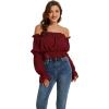 imageLYANER Womens Off Shoulder Ruffle Trim Puff Long Sleeve Tube Crop Blouse Shirt TopBurgundy