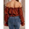 imageLYANER Womens Off Shoulder Ruffle Trim Puff Long Sleeve Tube Crop Blouse Shirt TopBurnt Orange