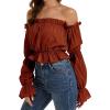 imageLYANER Womens Off Shoulder Ruffle Trim Puff Long Sleeve Tube Crop Blouse Shirt TopBurnt Orange