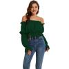 imageLYANER Womens Off Shoulder Ruffle Trim Puff Long Sleeve Tube Crop Blouse Shirt TopDark Green